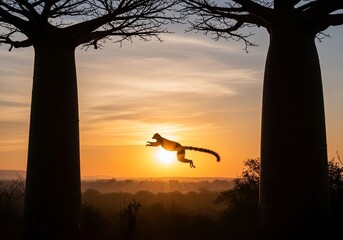 Naklejka premium Golden Leap A Silhouetted Lemur Glides at Sunset Among Baobab Trees, a Wild Animal in Madagascar