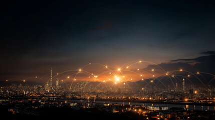 Fototapeta premium City's Digital Web: A mesmerizing view of a cityscape at dusk, interweaved with a digital network of glowing connection, symbolizing the modern interconnected world.