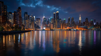 Fototapeta premium Cityscape at Dusk: The twinkling lights of a vibrant cityscape reflect in the calm waters, creating a mesmerizing spectacle beneath the twilight sky. 
