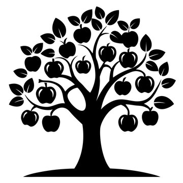 A stylized black silhouette of a mature apple tree laden with ripe apples and green leaves against a white background.