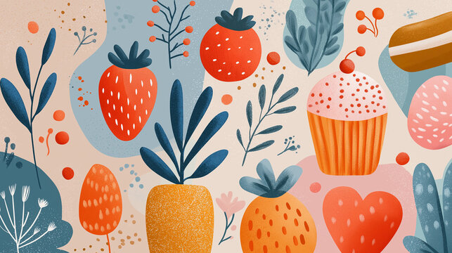 Fototapeta Artful Botanical Delights: This captivating illustration showcases a whimsical array of elements including strawberry and cupcake. This design celebrates the seamless fusion of art and nature.