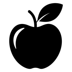 A clean, minimalist black silhouette of a ripe apple with a single leaf and stem, isolated on a white background.