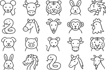 Line art illustration isolated on white background showcasing the twelve chinese zodiac animals in a simple and minimalist style, perfect for educational use