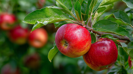 Obraz premium Autumn Orchard Delight: Close-up of ripe apples hanging from a branch, glistening with morning dew. The warm, inviting hues of the fruit contrast beautifully against the verdant foliage.