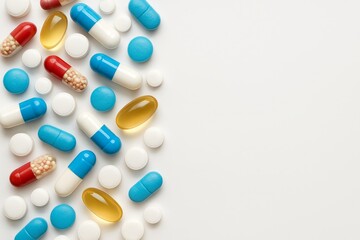 Assorted colorful pharmaceutical pills and capsules arranged on white surface with copy space for medical science and health education concept background. Ai generative