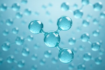Transparent molecular structure with water-like spheres symbolizing scientific and chemical education concept on a soft blue background. Ai generative