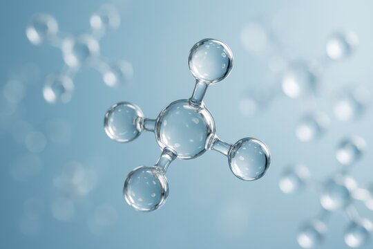 Transparent molecular structure model floating in blue background for science and education concept in clean minimal futuristic digital style. Ai generative