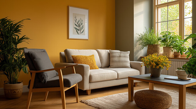 Cozy Living Room: A serene living room, adorned with lush plants and soft furnishings, basking in natural light, evoking comfort and tranquility.