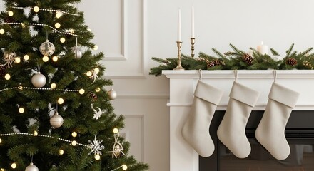 Christmas tree with lights and ornaments fireplace mantel with stockings and garland
