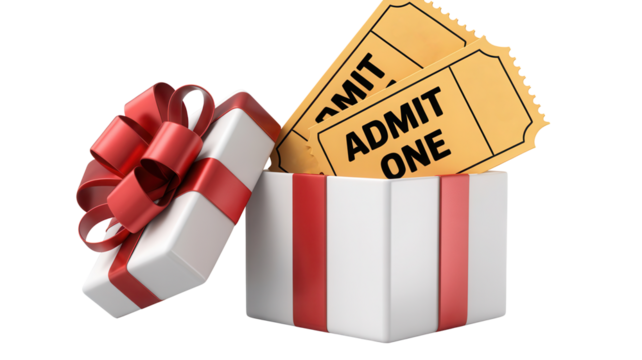A festive white gift box with red stripes and a large red ribbon bow opens to reveal two golden admit one tickets isolated on transparent background