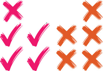 Obraz premium A set of hand-drawn checkmarks and crosses symbolizing approval, rejection, correct, and incorrect decisions on a clean white background