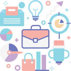 Modern flat design icons representing business strategy success and growth with elements like briefcase lightbulb target and charts