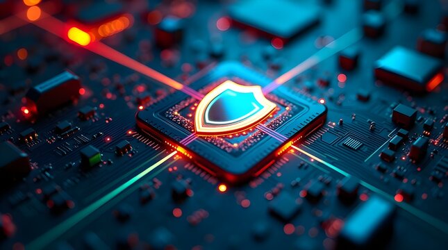 Cybersecurity processor with glowing shield icon, digital data protection microchip, secure technology background, computer encryption system, online privacy and cyber defense innovation