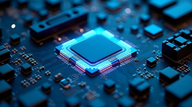 Futuristic microprocessor with glowing blue circuits, advanced computer chip technology background, high-performance electronic hardware innovation, digital data processing and cyber system