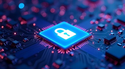 Cybersecurity microchip with glowing lock icon, digital data protection and secure technology background, electronic encryption system, online privacy, cyber defense and computer security concept