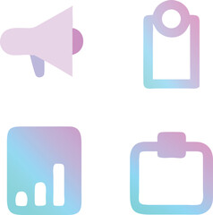 Modern gradient icons set featuring a megaphone tag bar chart and clipboard for digital marketing and business concepts