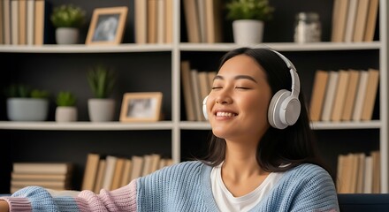 Serene Woman Enjoying Music with Headphones at Home.