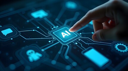 Artificial intelligence technology concept with glowing AI button and human hand touching digital network interface, futuristic innovation, machine learning, automation and data processing