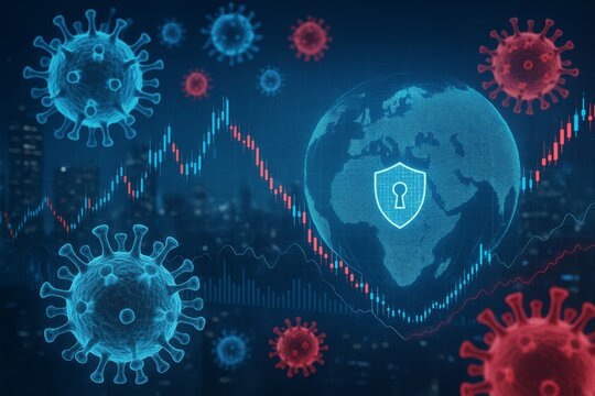 Global cybersecurity concept during pandemic with virus cells and digital world map, illustrating science and data protection amid health crisis. Ai generative