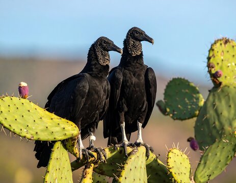 Two black vultures perched on a prickly pear cactus