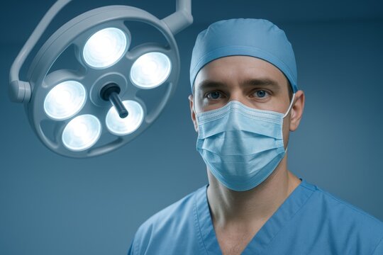 Surgeon wearing blue scrubs and protective face mask under surgical lights in modern operating room, medical professional in healthcare concept scene. Ai generative