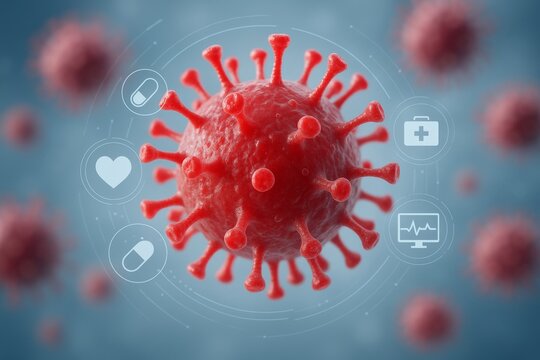 Microscopic view of red virus particle with medical and healthcare digital interface icons on blue background, representing a science and health concept. Ai generative