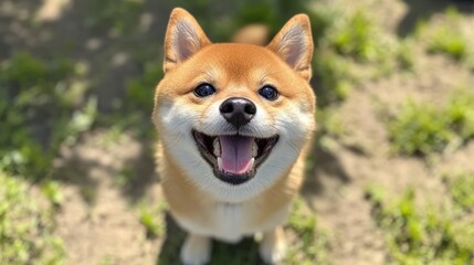 Smiling Shiba Inu looks up outdoors on grass with blurry background. Use pet care or adoption