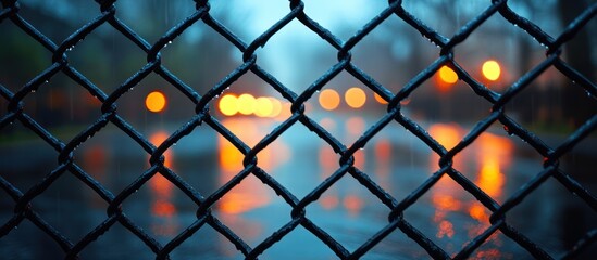 Rainy night city lights blurred through chain link fence.