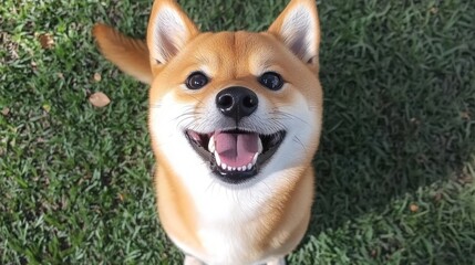 Shiba Inu smiles on green grass. Background foliage. Stock photo use
