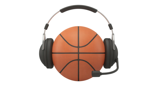 A basketball with a headset on it representing sports commentary or a basketball player listening to music isolated on transparent background
