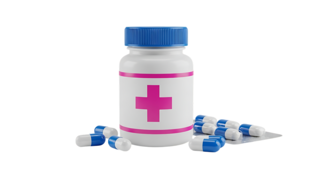 3d illustration of white medicine bottle with blue cap and pink cross symbol, surrounded by blue and white capsules, isolated on transparent background on transparent background