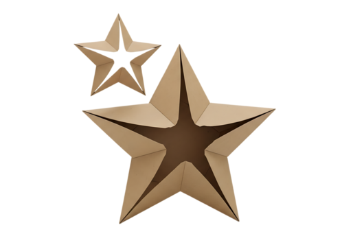 3d illustration of two cardboard star shapes, one larger than the other, with open centers, isolated on transparent background on transparent background