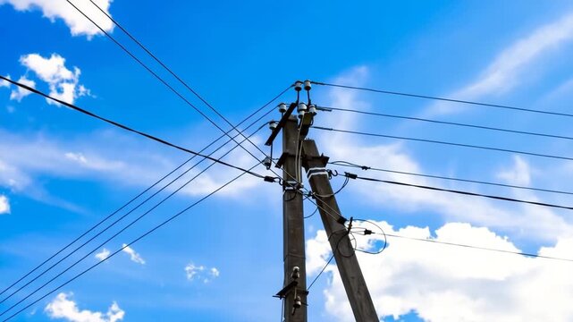 Power electric pole with line wire on colored background close up