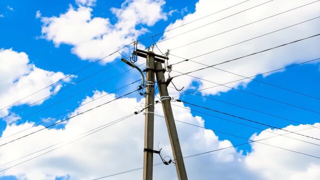 Power electric pole with line wire on colored background close up