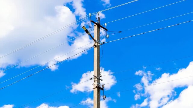 Power electric pole with line wire on colored background close up