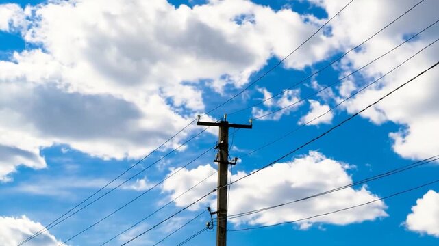 Power electric pole with line wire on colored background close up
