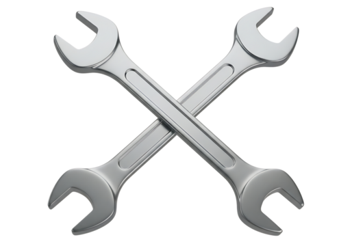 3d illustration of two crossed silver wrenches, symbolizing repair, maintenance, or a toolkit, isolated on transparent background on transparent background