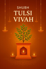 Elegant Tulsi Vivah festival illustration showing a sacred Tulsi plant placed in a decorated Tulsi Vrindavan (traditional pot stand) with diyas (lamps) glowing around it. Background in warm gradient s