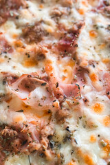 Freshly baked pizza with ham, cheese, and oregano