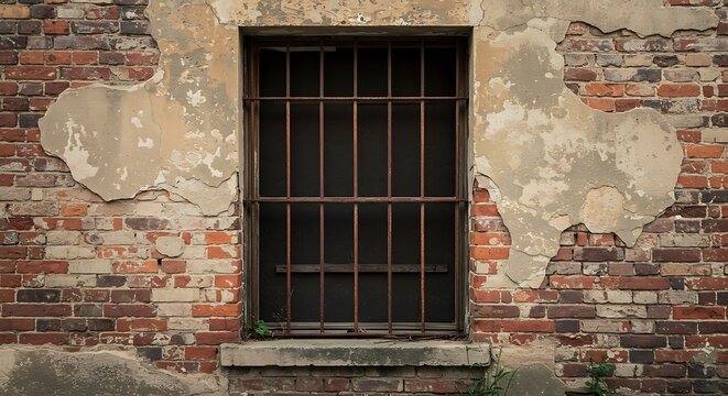 Grungy Brick Wall with Barred Window.