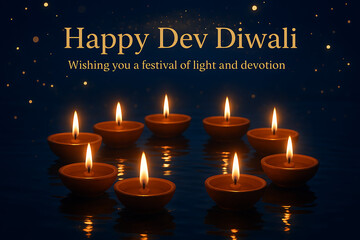 Happy dev diwali greeting with reflection of multiple burning oil lamps floating on the water's surface at night celebrating the kartik purnima hindu festival of lights