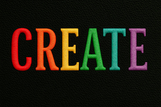A colorful rainbow embroidery of the word "CREATE" on a black leather-textured background. This vibrant embroidered message symbolizes creativity, diversity, and inspiration—perfect for artistic