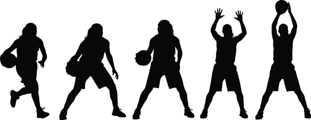 Basketball player silhouettes, ball handling, shooting pose, defensive stance, athletic movement, black vector, sports action, isolated icons, training illustration © MD. NUR ISLAM