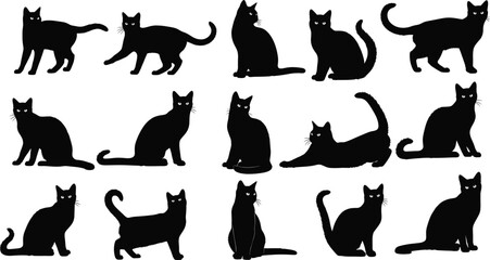 Black cat silhouettes in various poses, sitting, walking, stretching, and relaxing, isolated vector illustration for Halloween, decoration, pet design, and artwork