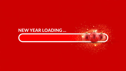 A minimalist "New Year Loading" progress bar with red Christmas ornaments on a clean red background.