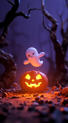 Adorable 3D Rendered Cute Ghost Character Floating Above a Glowing Jack-o'-Lantern in a Dark