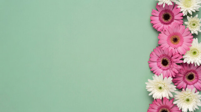 Vertical border of pink and white flowers on mint green background. Copy space