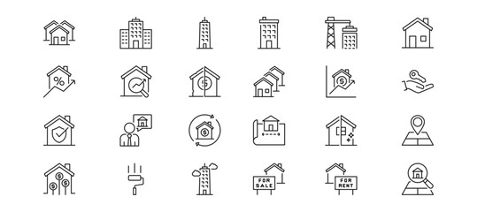 Obraz premium Real Estate Icon set containing commercial real estate, sky crapper, apartment, development, home, mortgage rate, property valuation and house flip vector icons