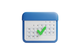 3d illustration of a 3d render of a blue calendar icon with a green checkmark indicating a scheduled event or completed task, isolated on transparent background on transparent background