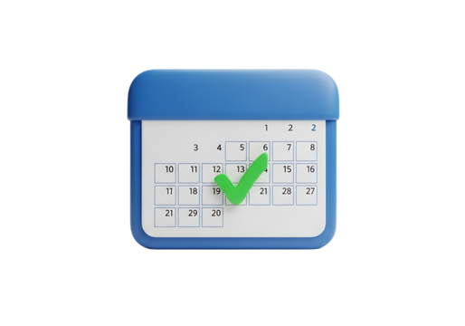 3d illustration of a 3d render of a blue calendar icon with a green checkmark indicating a scheduled event or completed task, isolated on transparent background on transparent background